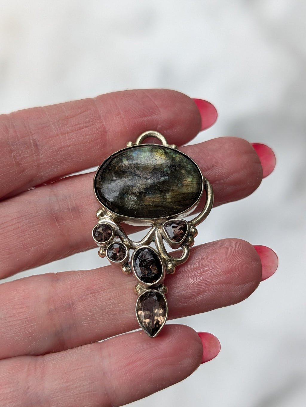 Labradorite & Smoky Quartz Pendant — One-of-a-Kind Sterling Silver Statement