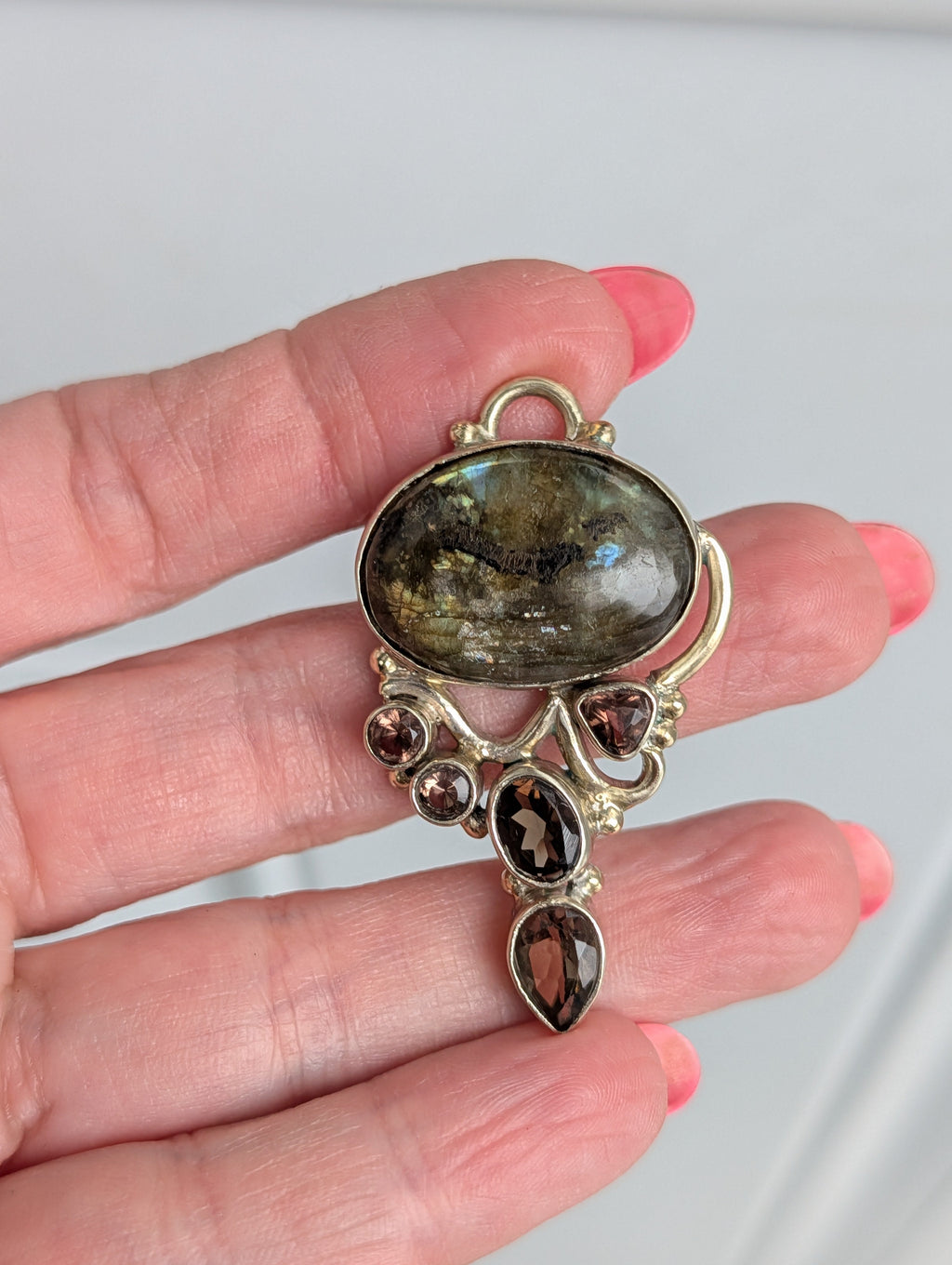 Labradorite & Smoky Quartz Pendant — One-of-a-Kind Sterling Silver Statement