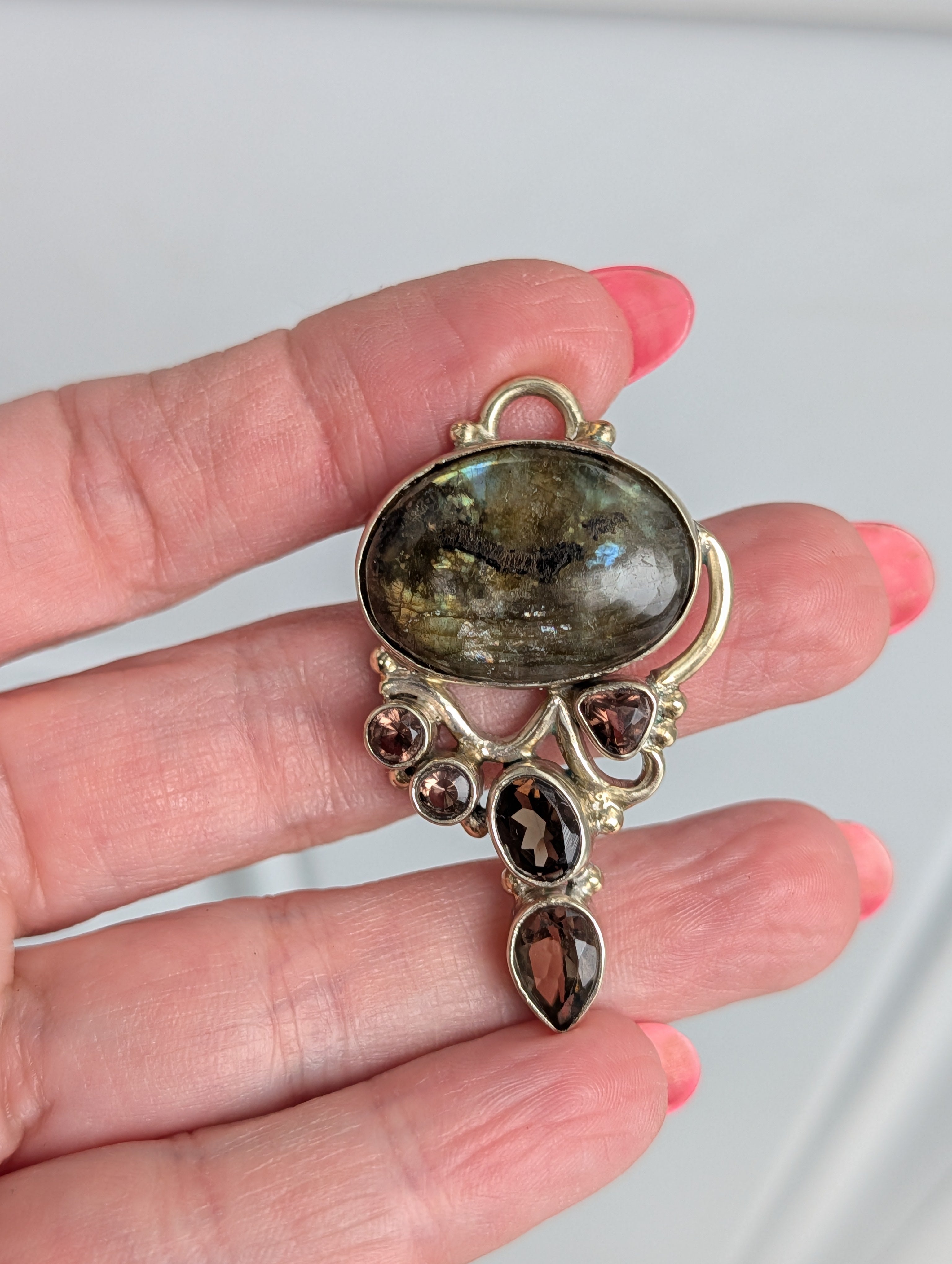 Labradorite & Smoky Quartz Pendant — One-of-a-Kind Sterling Silver Statement