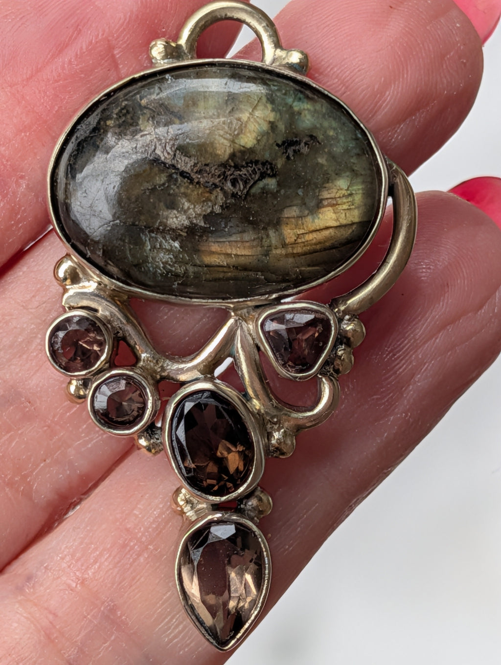 Labradorite & Smoky Quartz Pendant — One-of-a-Kind Sterling Silver Statement