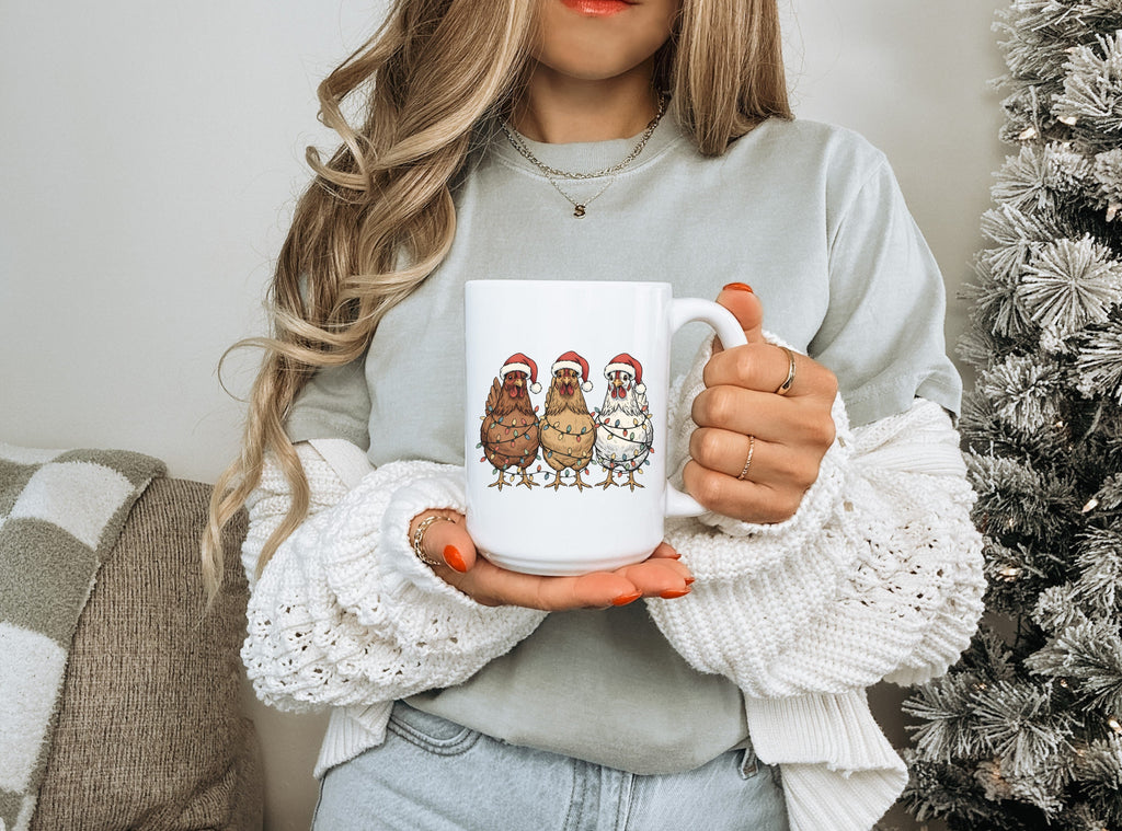 Christmas Chickens | 15oz Ceramic Coffee Mug — Funny Holiday Mug with Chickens