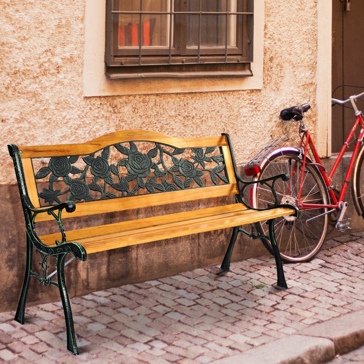 Outdoor Bench Cast Iron Patio Bench with Rose Pattern Backrest