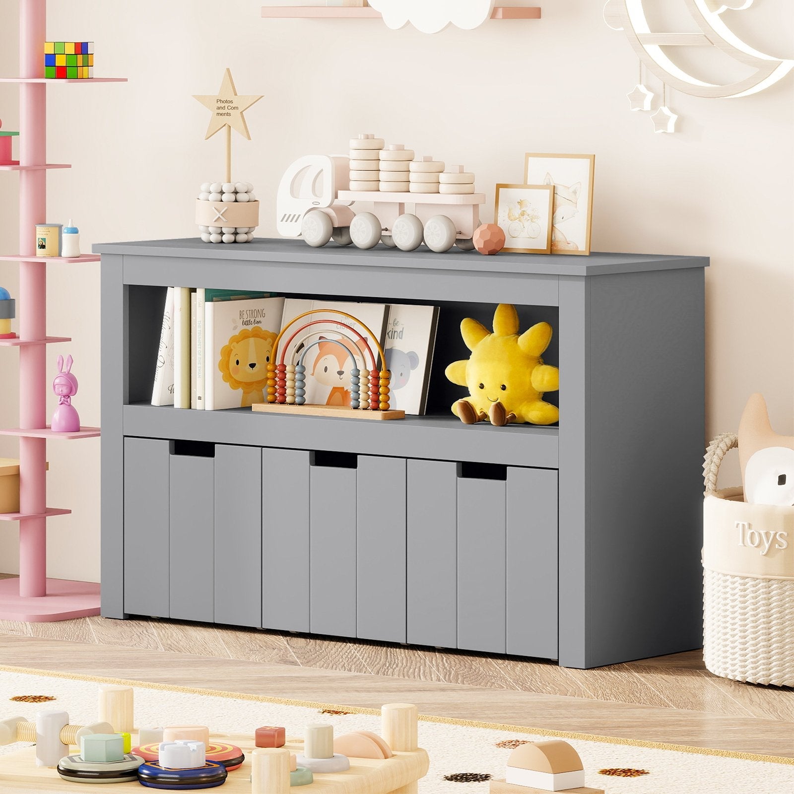 Kid Toy Storage Cabinet 3 Drawer Chest with Wheels Large Storage Cube Shelf-Black