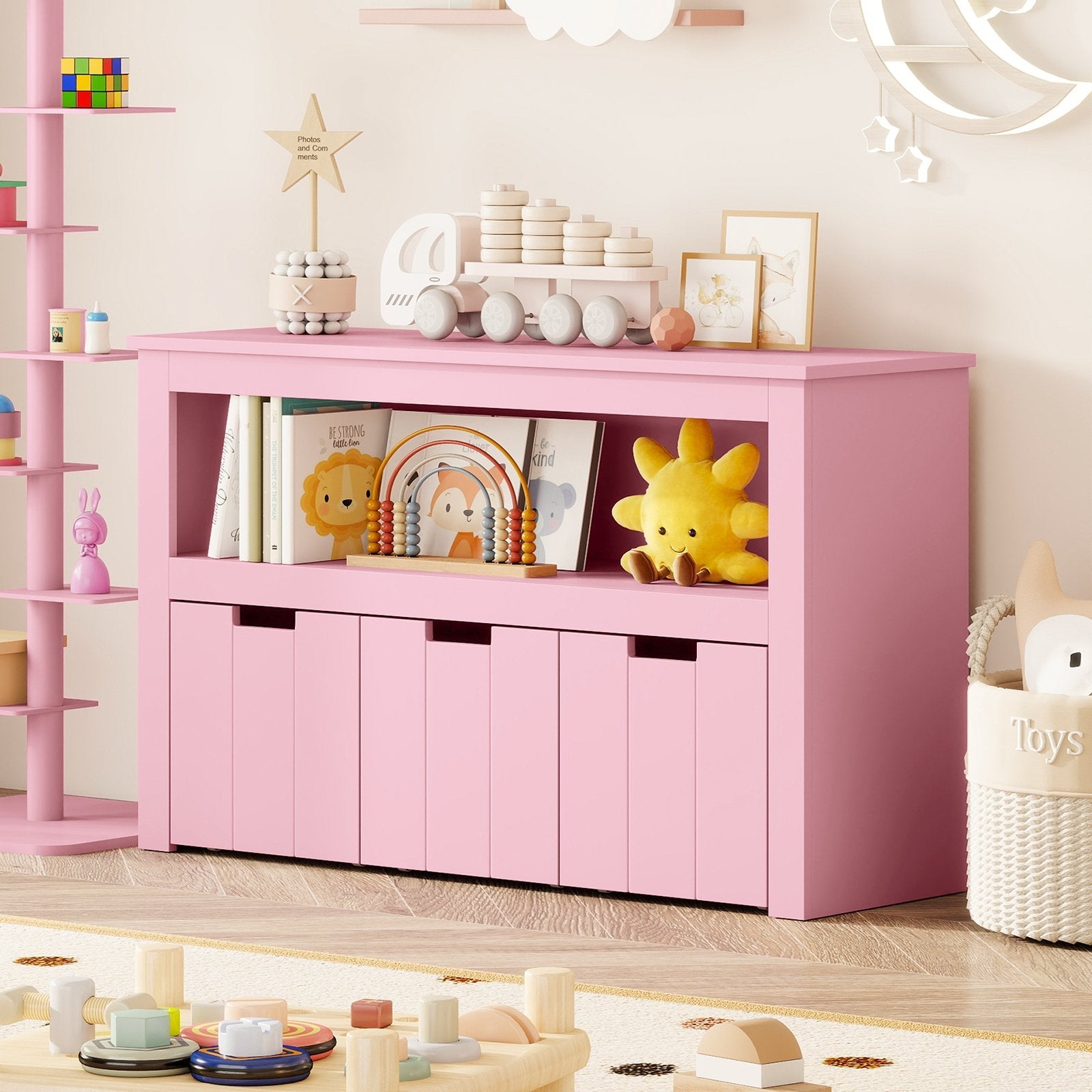 Kid Toy Storage Cabinet 3 Drawer Chest with Wheels Large Storage Cube Shelf-Black