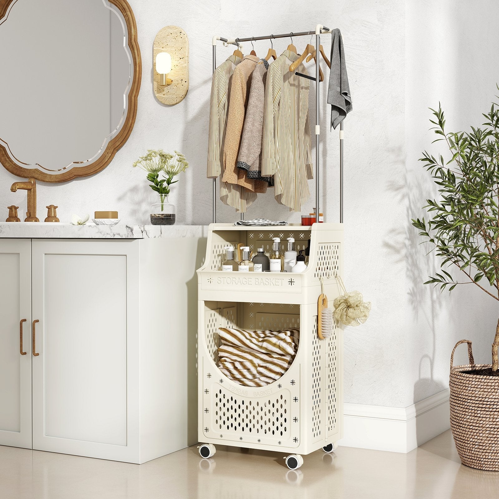 4-Tier Laundry Cart Folding Hamper with Hanging Bar and 8 Hanging Hooks