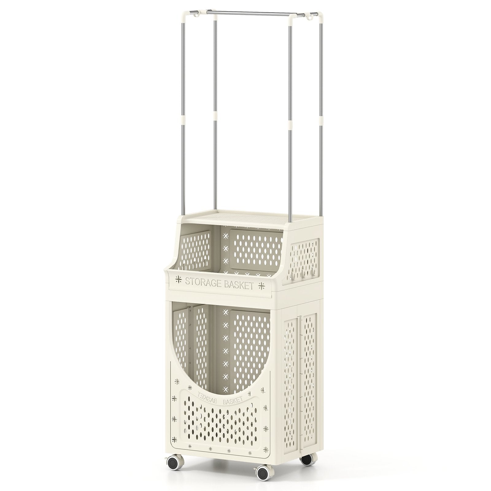 4-Tier Laundry Cart Folding Hamper with Hanging Bar and 8 Hanging Hooks