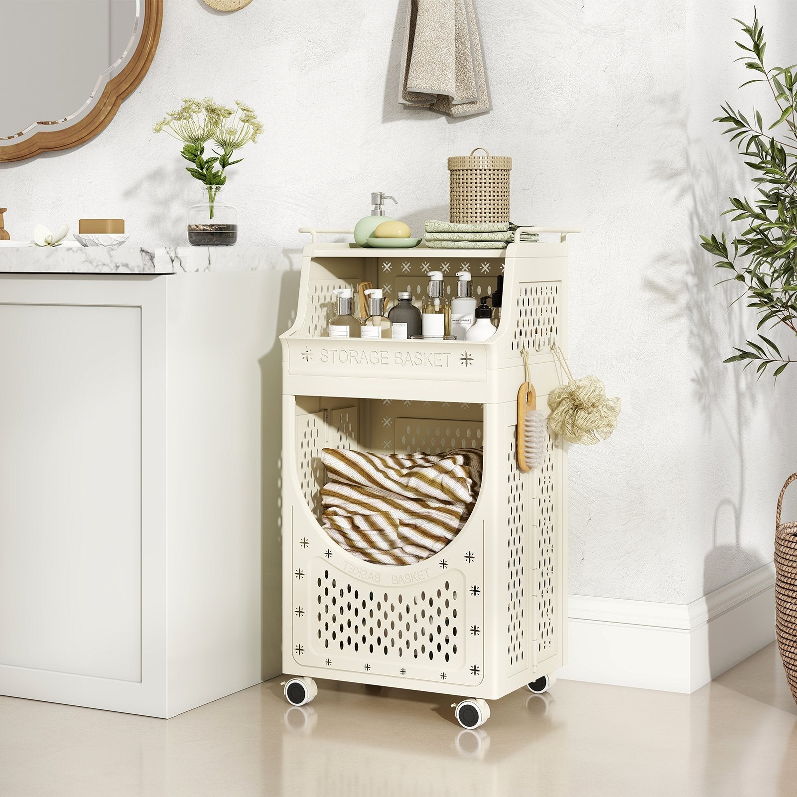 3-Tier Laundry Cart Folding Hamper with Lockable Wheels