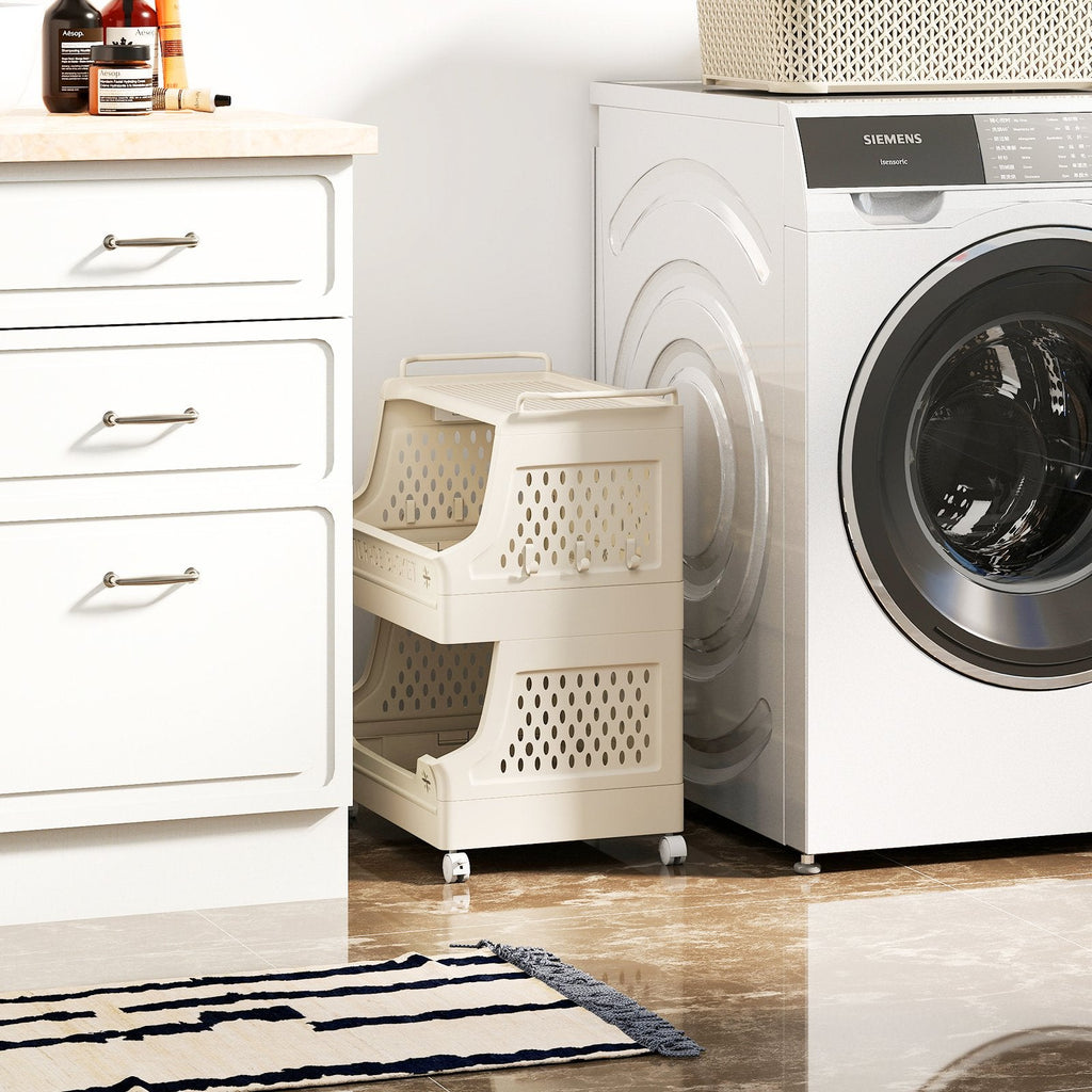 4-Tier Rolling Laundry Basket with Wheels Plastic Storage Cart with Side Hooks