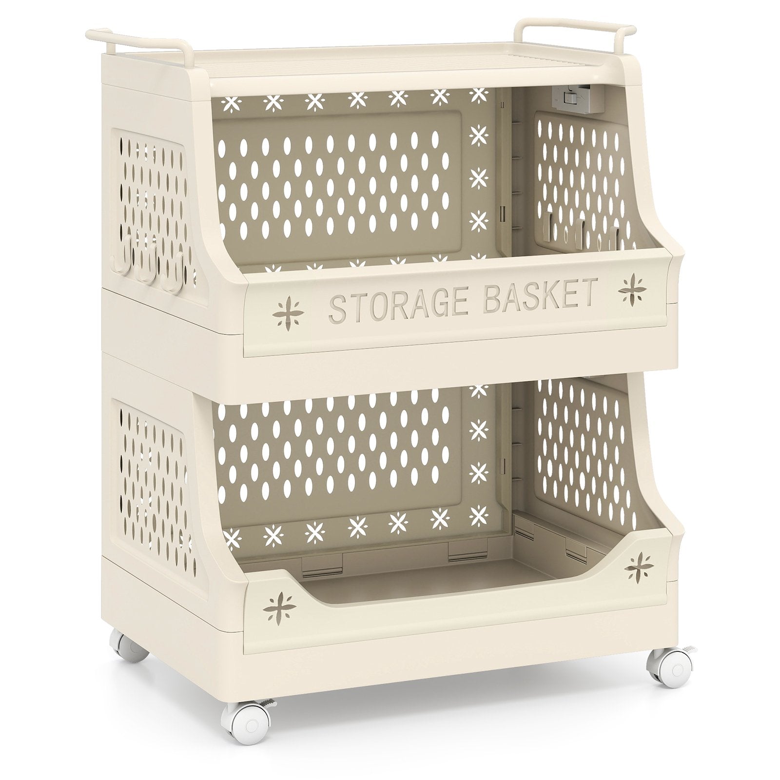 4-Tier Rolling Laundry Basket with Wheels Plastic Storage Cart with Side Hooks