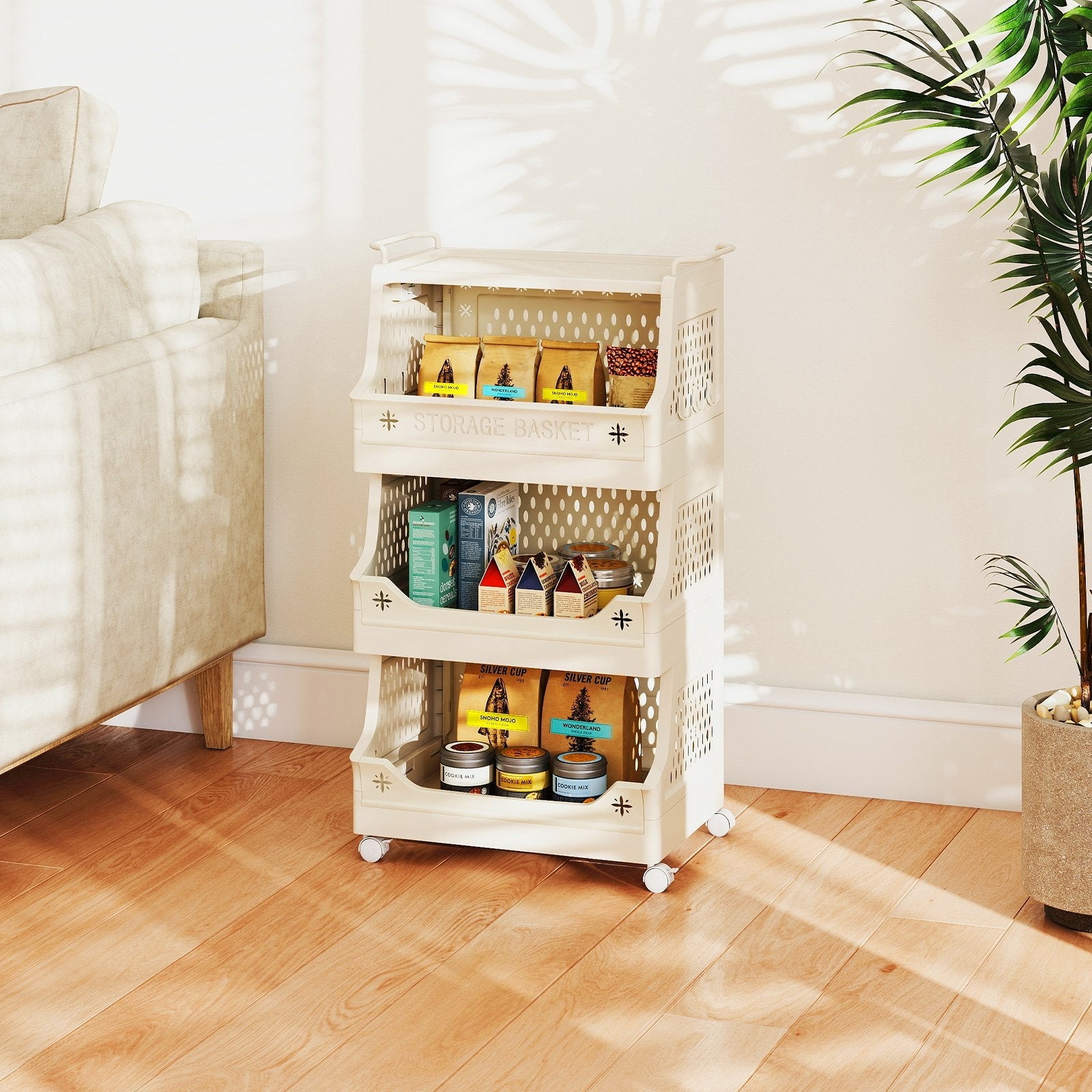 4-Tier Rolling Laundry Basket with Wheels Plastic Storage Cart with Side Hooks
