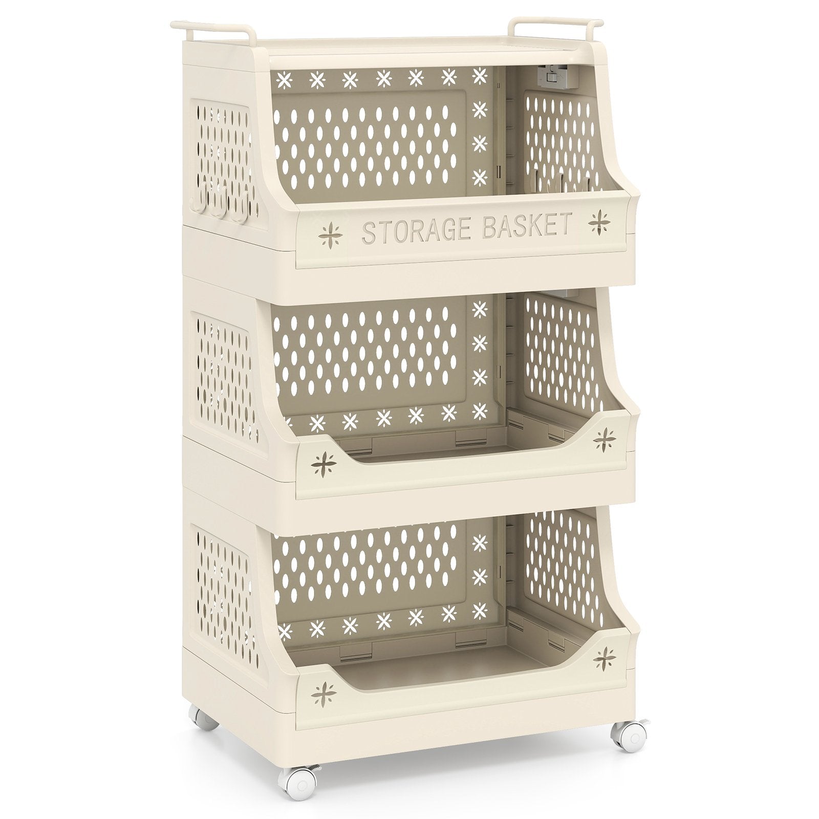 4-Tier Rolling Laundry Basket with Wheels Plastic Storage Cart with Side Hooks