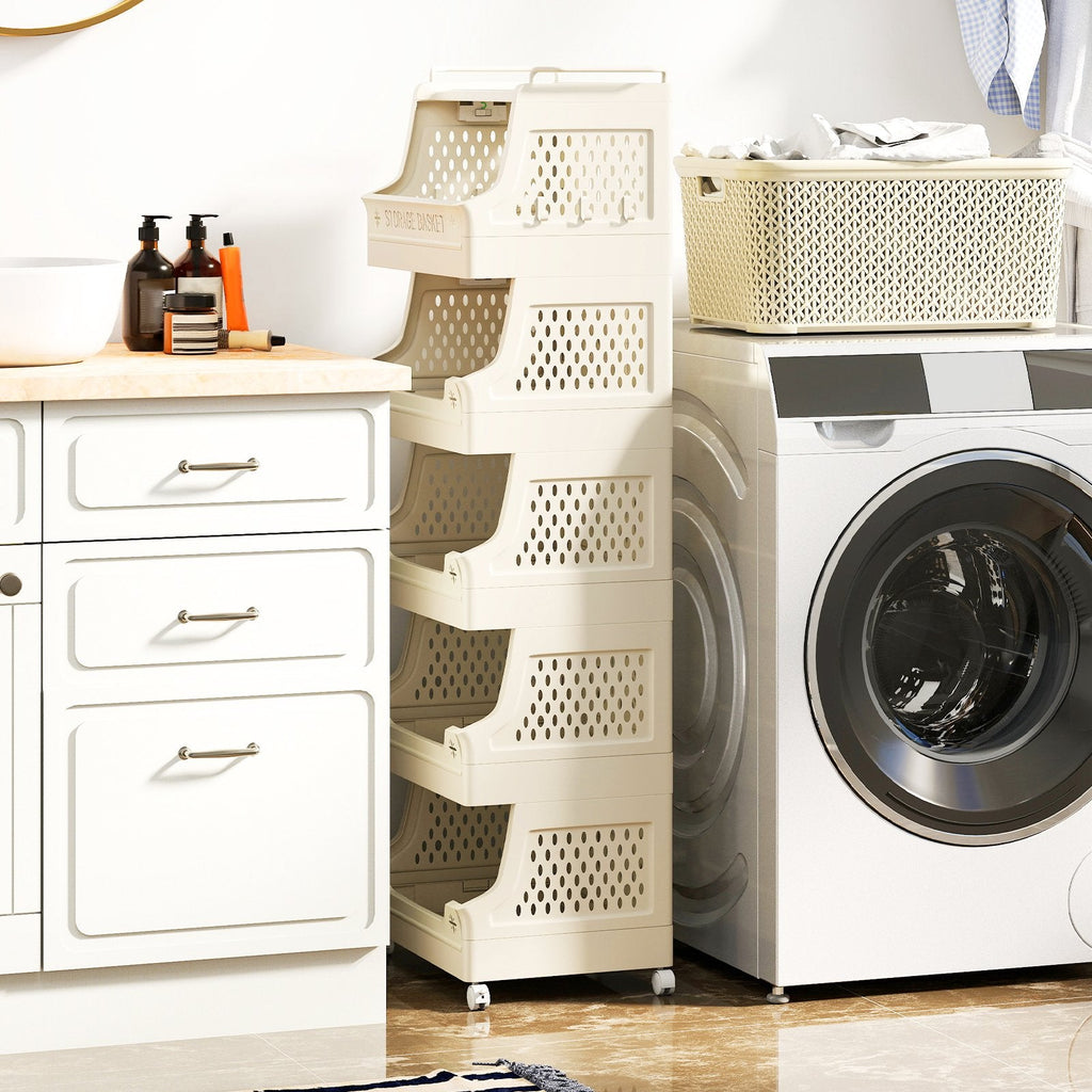 4-Tier Rolling Laundry Basket with Wheels Plastic Storage Cart with Side Hooks