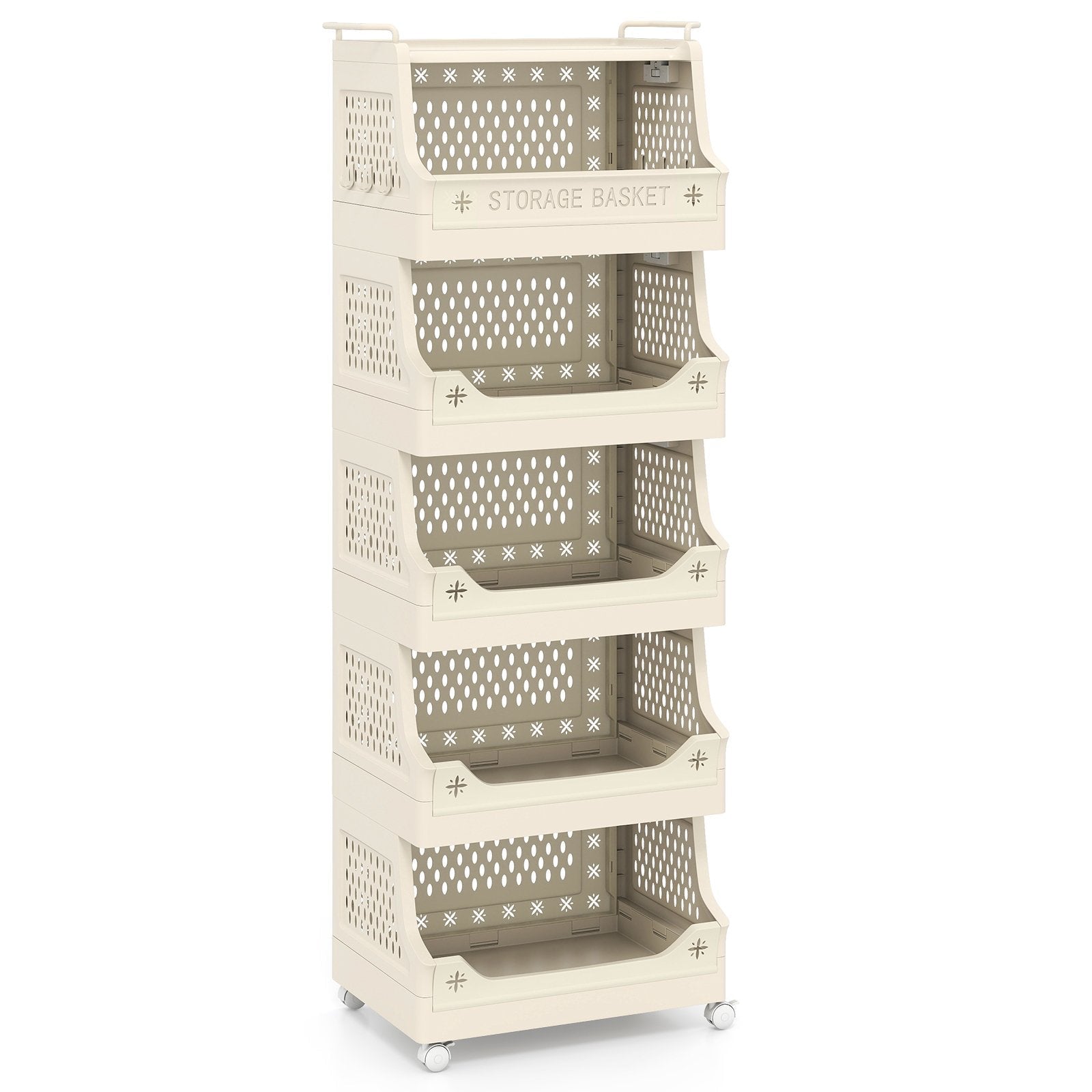 4-Tier Rolling Laundry Basket with Wheels Plastic Storage Cart with Side Hooks