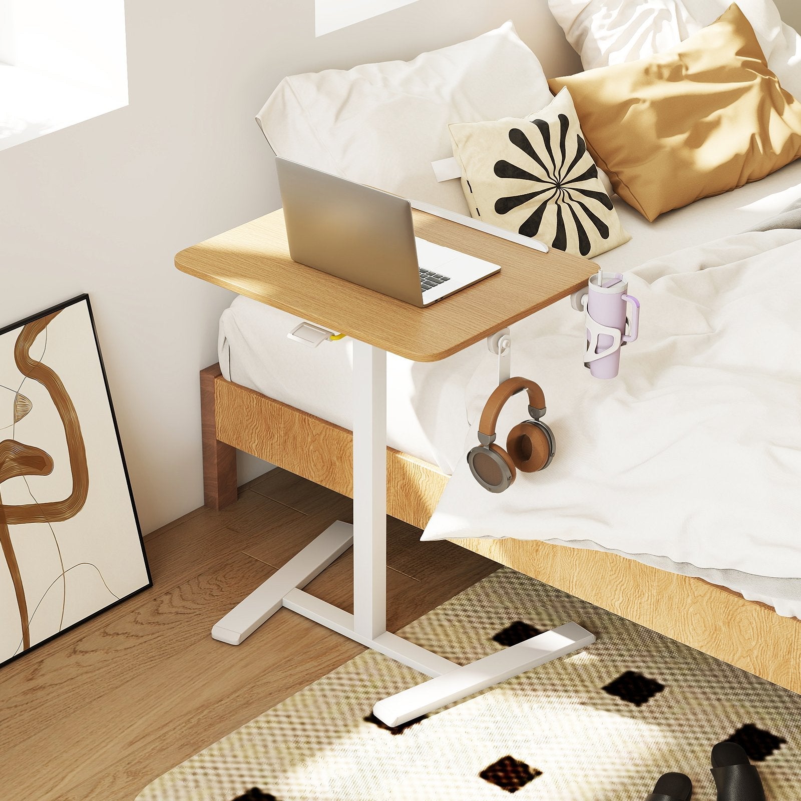 Foldable Mobile Standing Desk Rolling Laptop Desk with Hook and Cup Holder-Natural